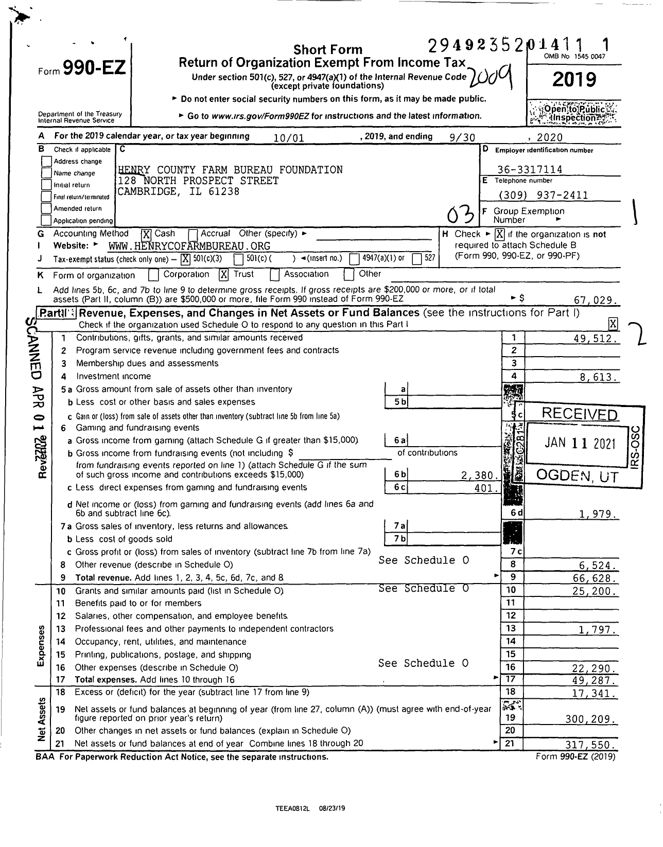 Image of first page of 2019 Form 990EZ for Henry County Farm Bureau Foundation