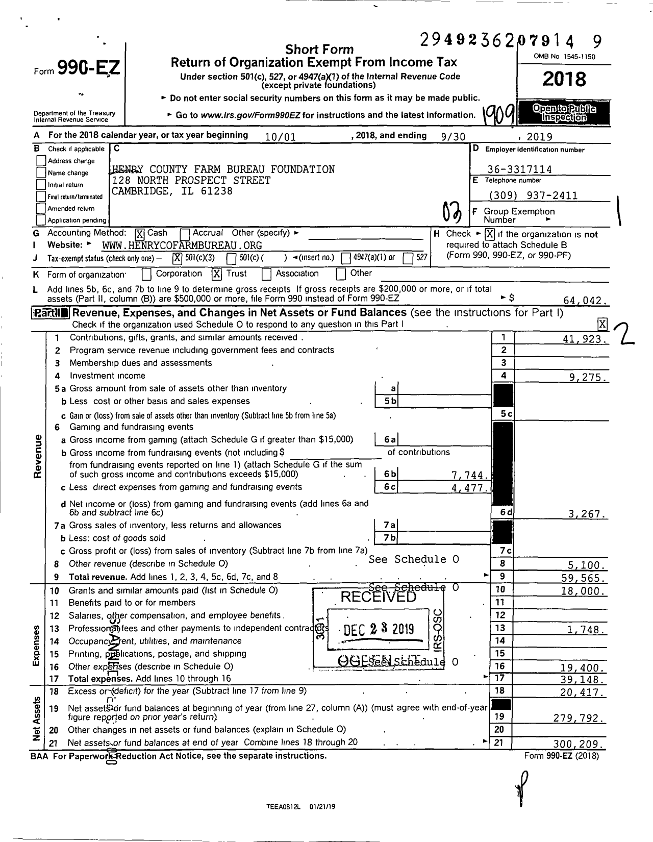 Image of first page of 2018 Form 990EZ for Henry County Farm Bureau Foundation