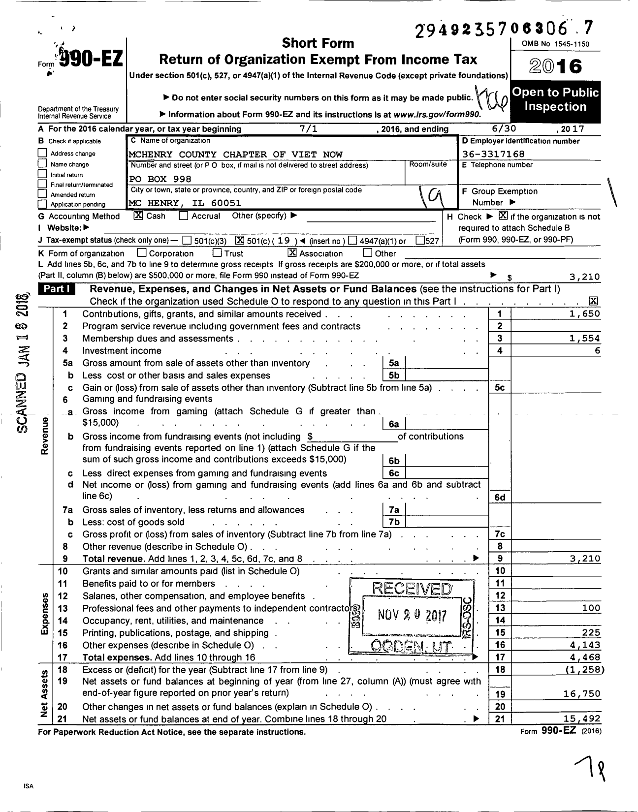 Image of first page of 2016 Form 990EO for Mchenry County Chapter of Viet Now