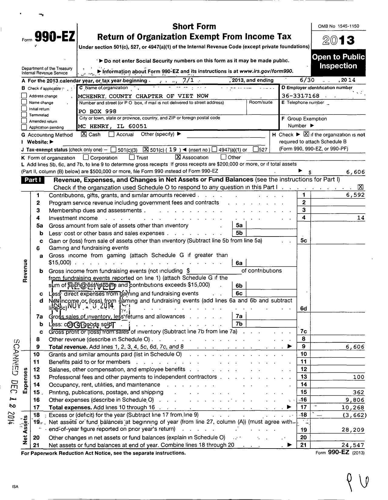 Image of first page of 2013 Form 990EO for Mchenry County Chapter of Viet Now