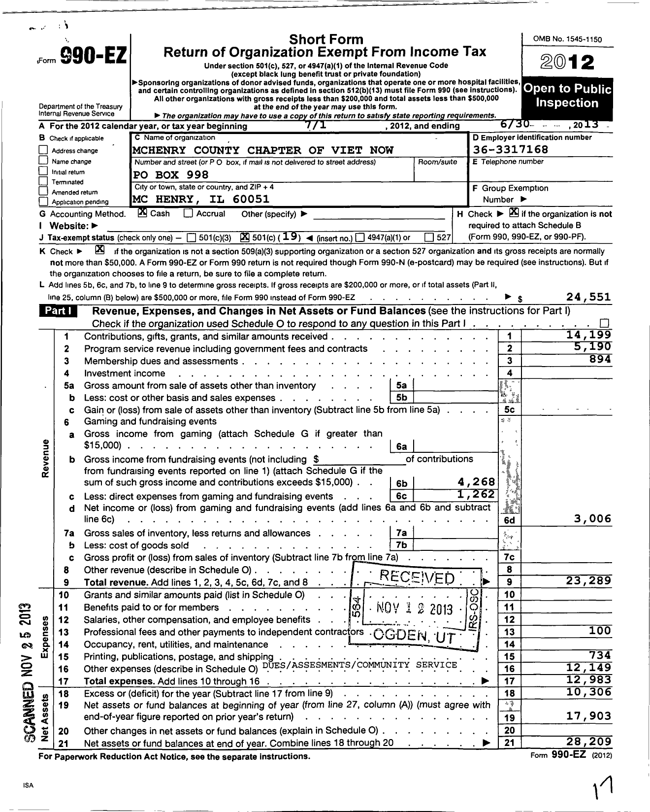 Image of first page of 2012 Form 990EO for Mchenry County Chapter of Viet Now