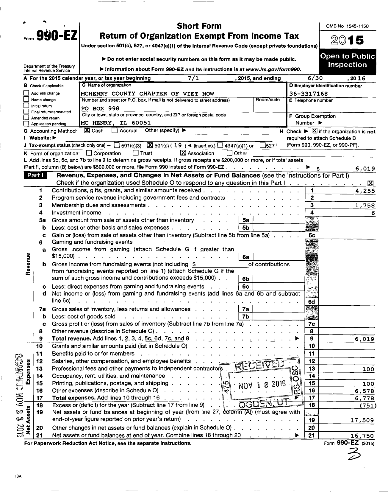 Image of first page of 2015 Form 990EO for Mchenry County Chapter of Viet Now