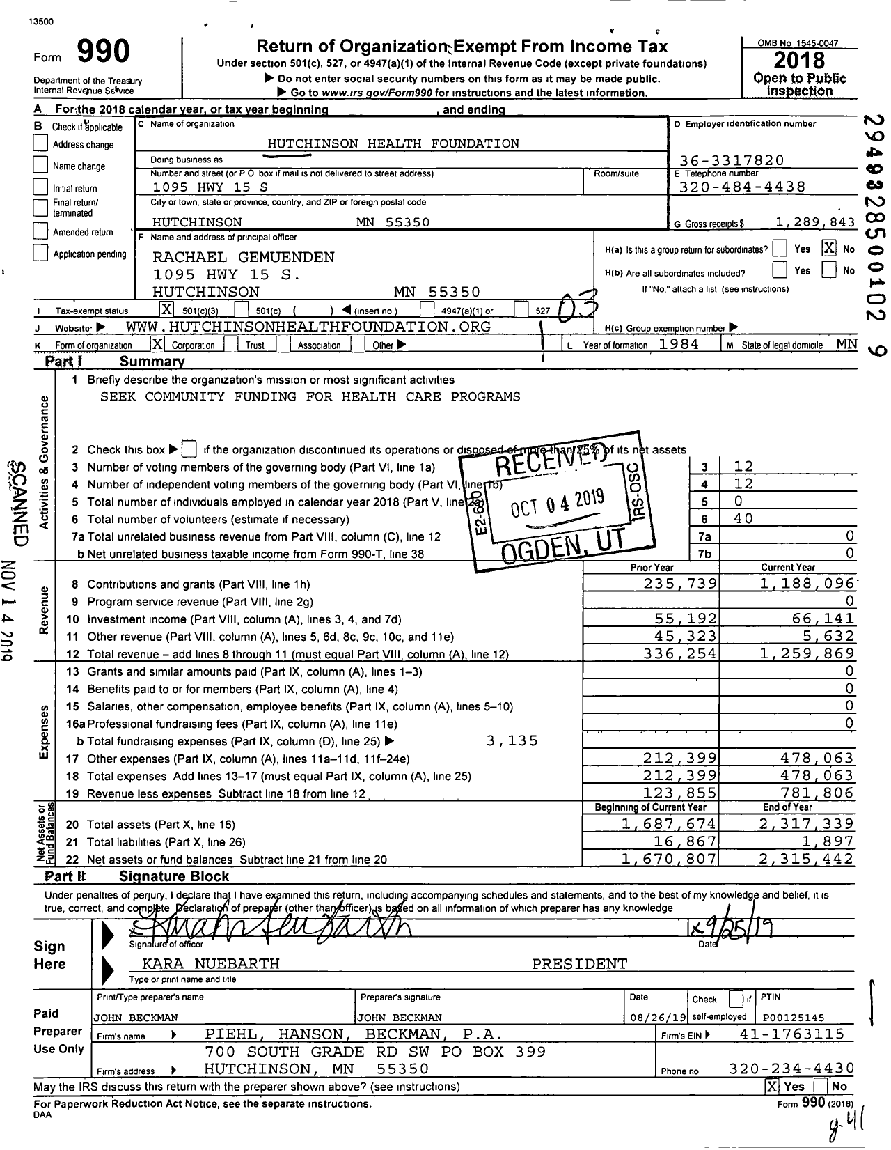 Image of first page of 2018 Form 990 for Hutchinson Health Foundation