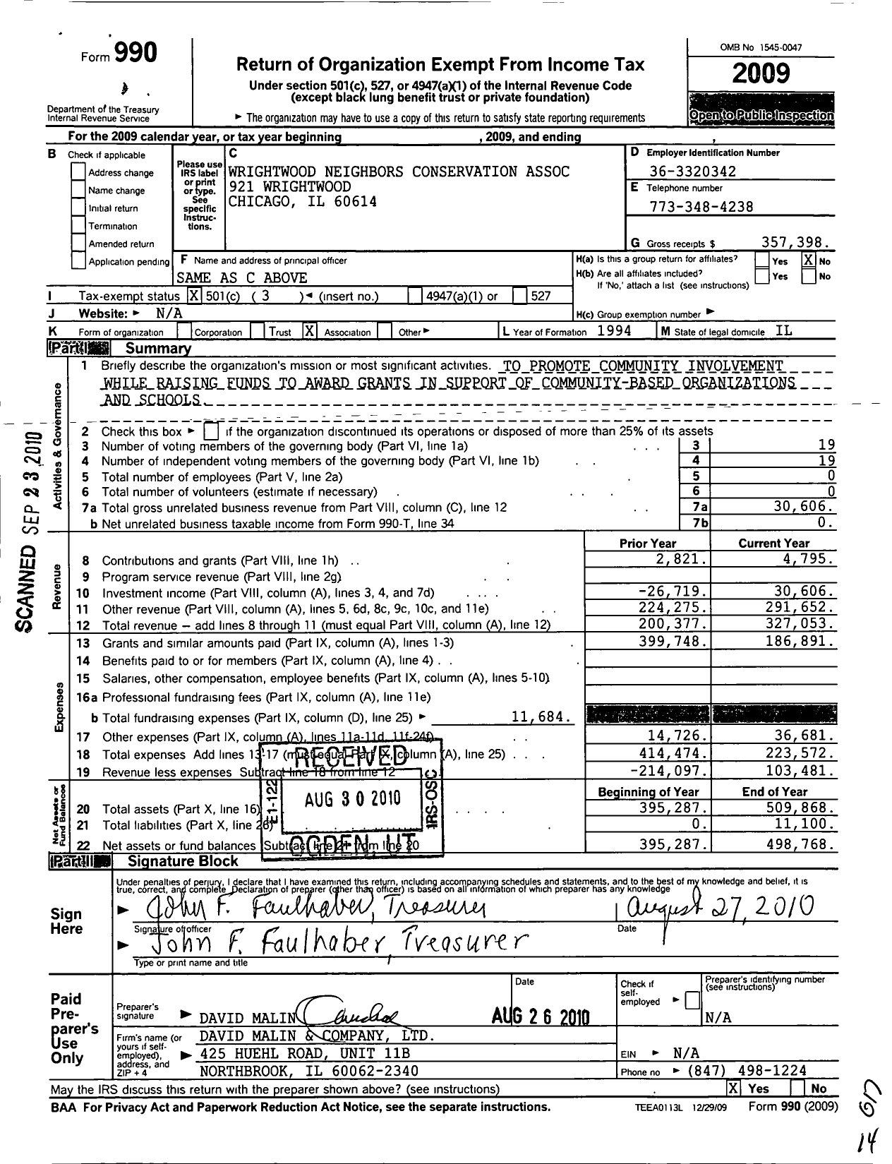 Image of first page of 2009 Form 990 for Wrightwood Neighbors Conservation Association