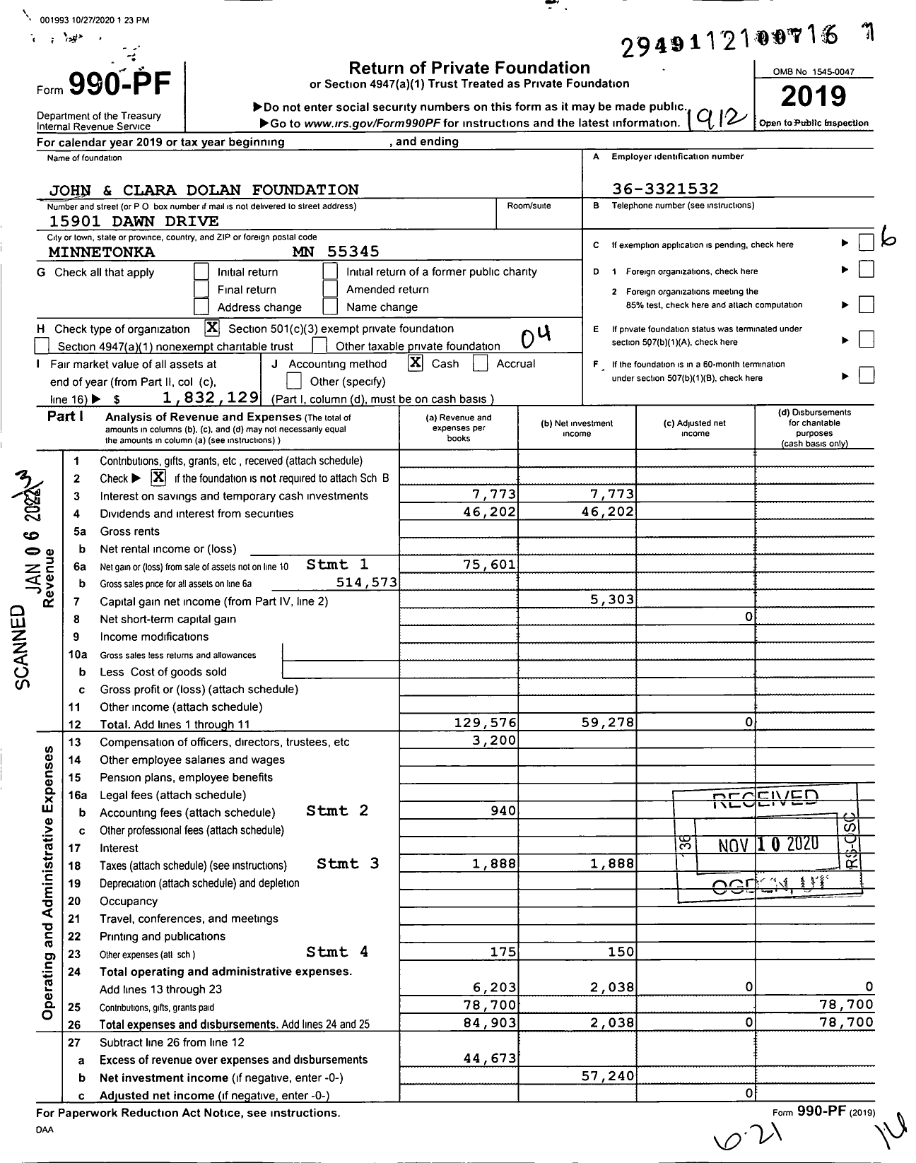 Image of first page of 2019 Form 990PF for John and Clara Dolan Foundation