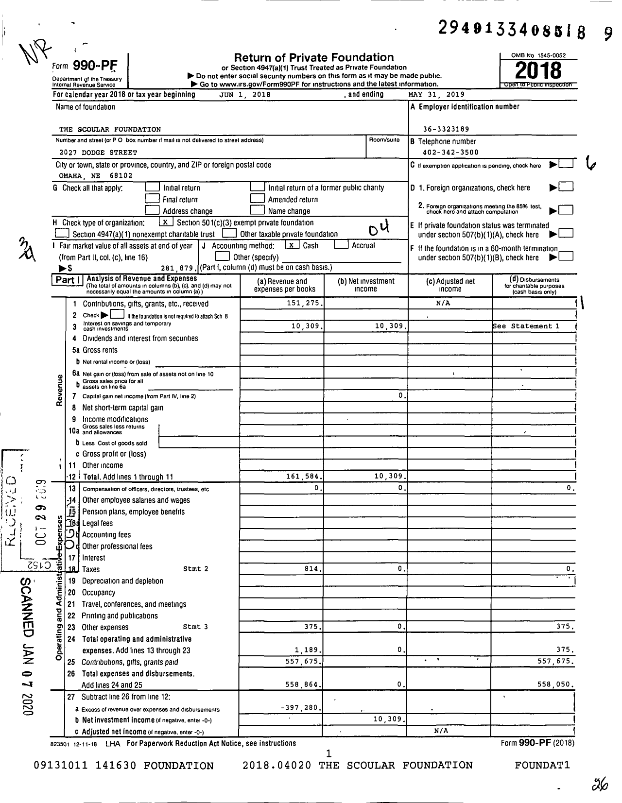 Image of first page of 2018 Form 990PF for The Scoular Foundation