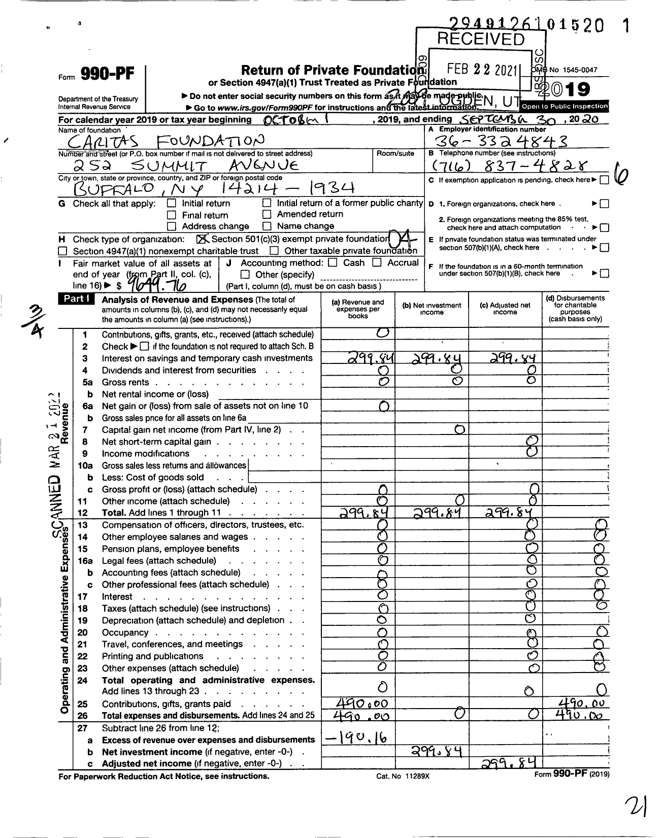 Image of first page of 2019 Form 990PF for Caritas Foundation