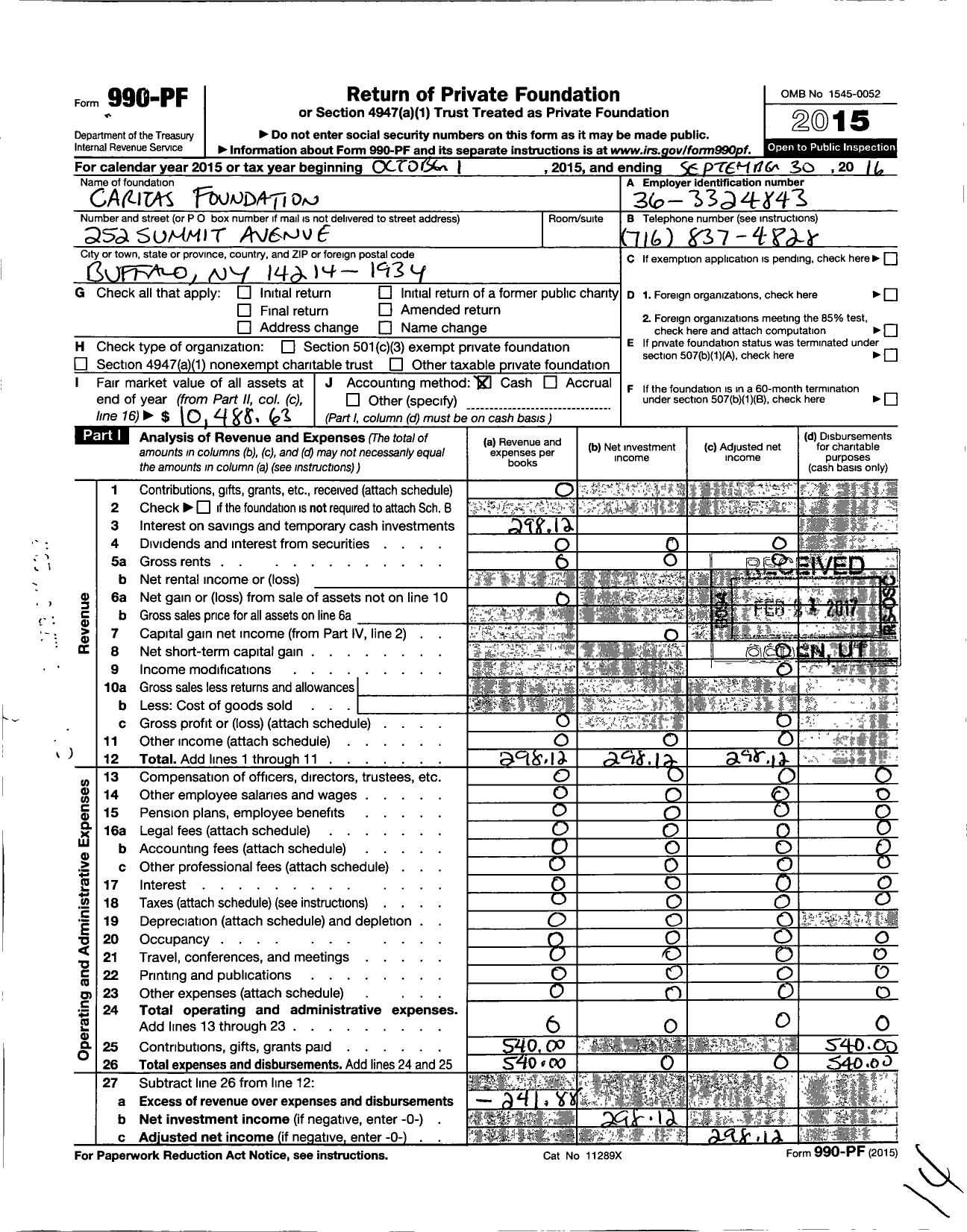 Image of first page of 2015 Form 990PF for Caritas Foundation