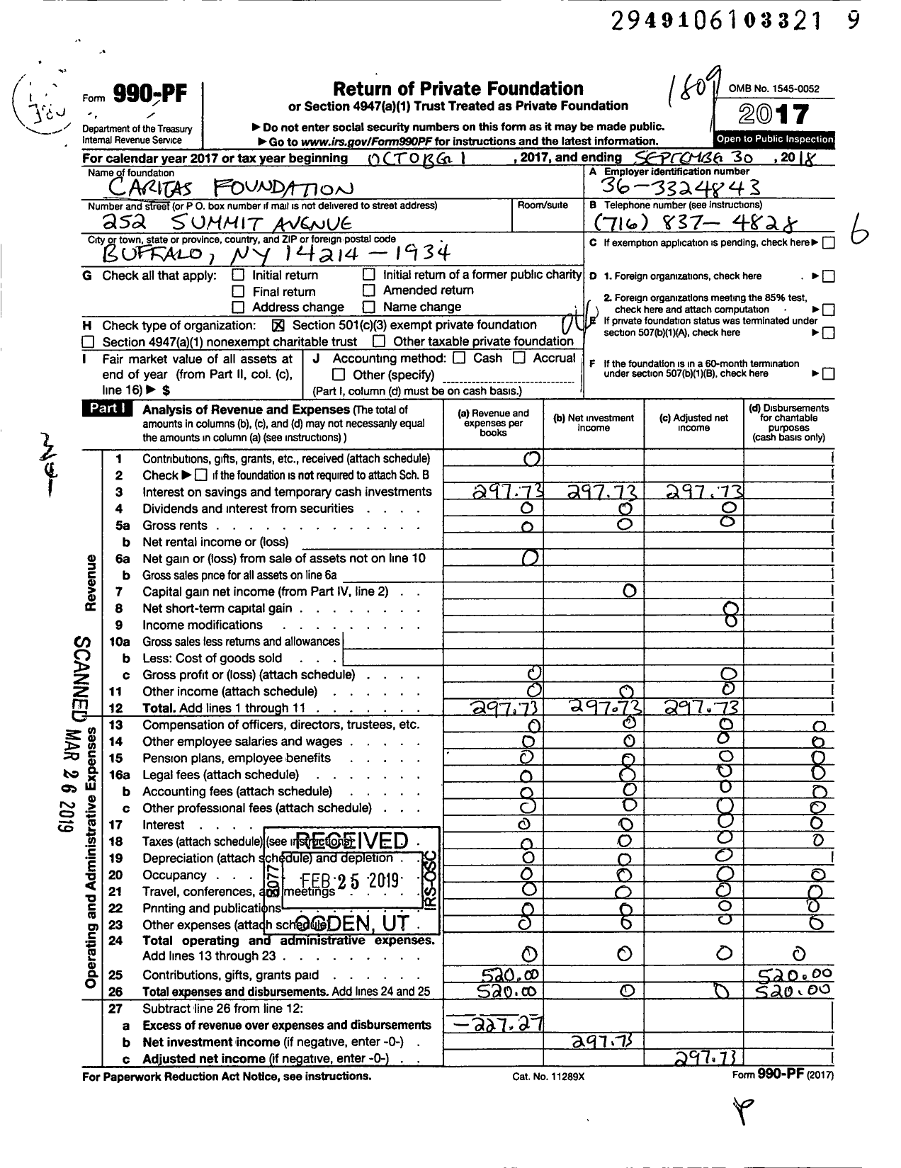 Image of first page of 2017 Form 990PF for Caritas Foundation