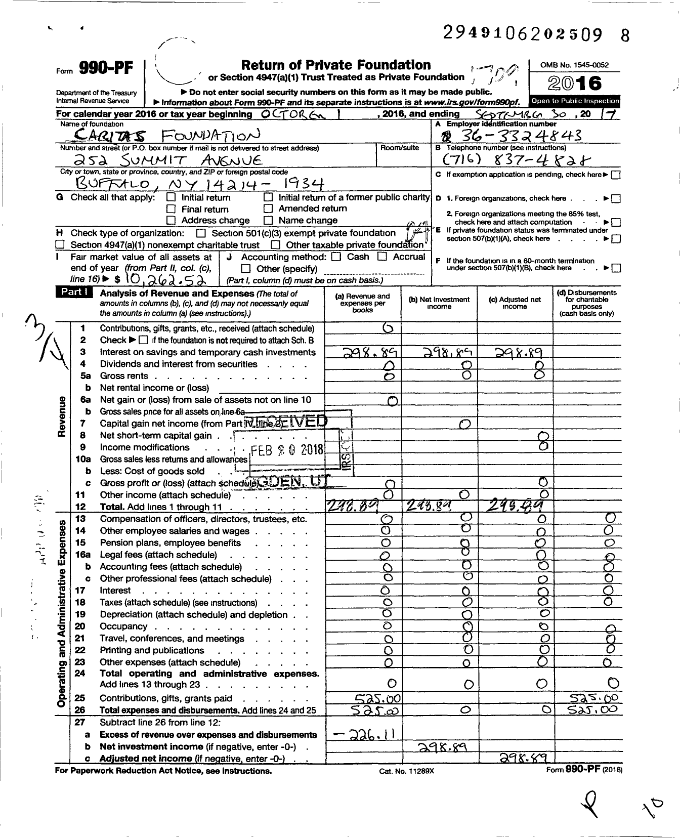 Image of first page of 2016 Form 990PF for Caritas Foundation