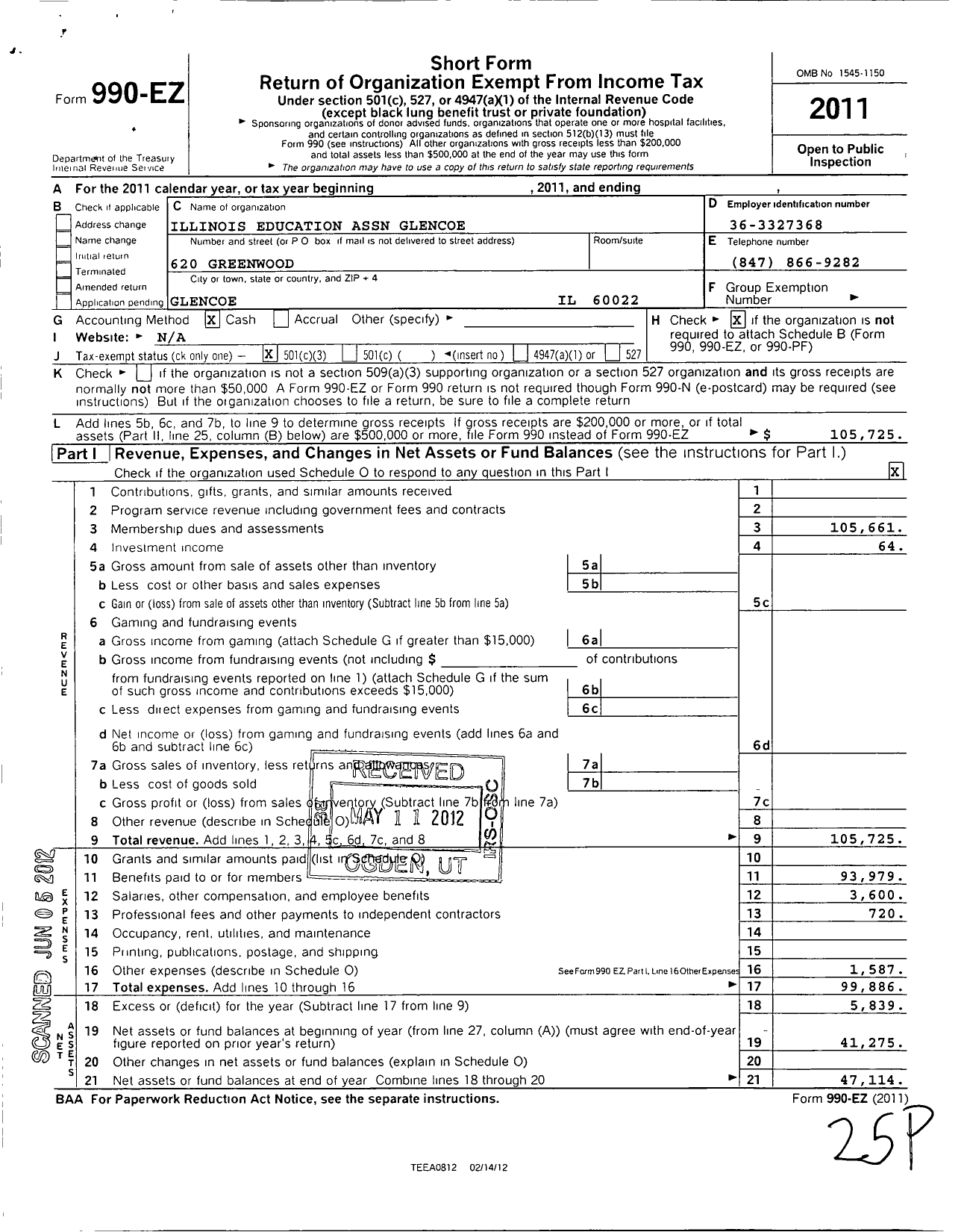 Image of first page of 2011 Form 990EZ for Illinois Education Association - Glencoe Ea