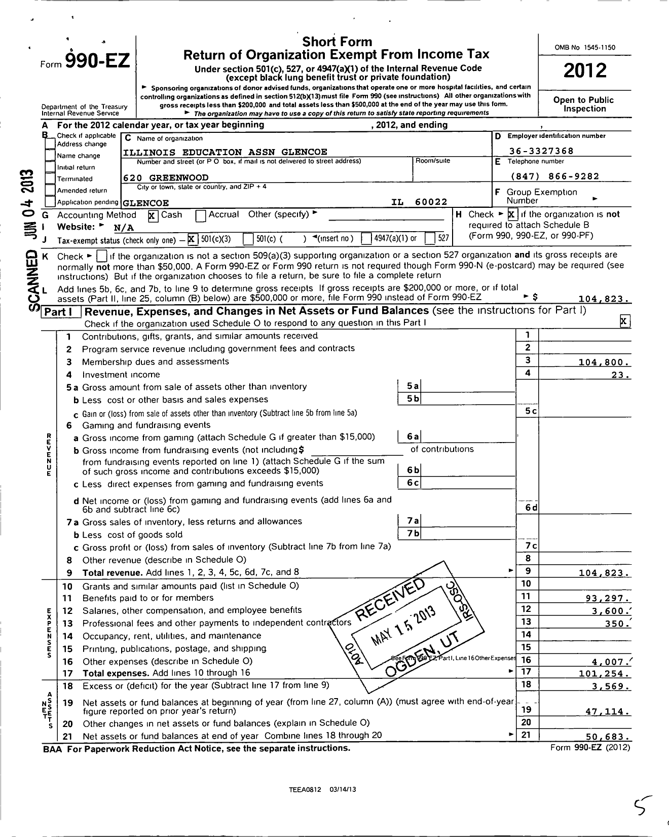 Image of first page of 2012 Form 990EZ for Illinois Education Association - Glencoe Ea