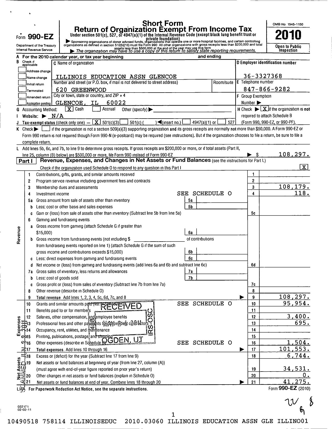 Image of first page of 2010 Form 990EZ for Illinois Education Association - Glencoe Ea