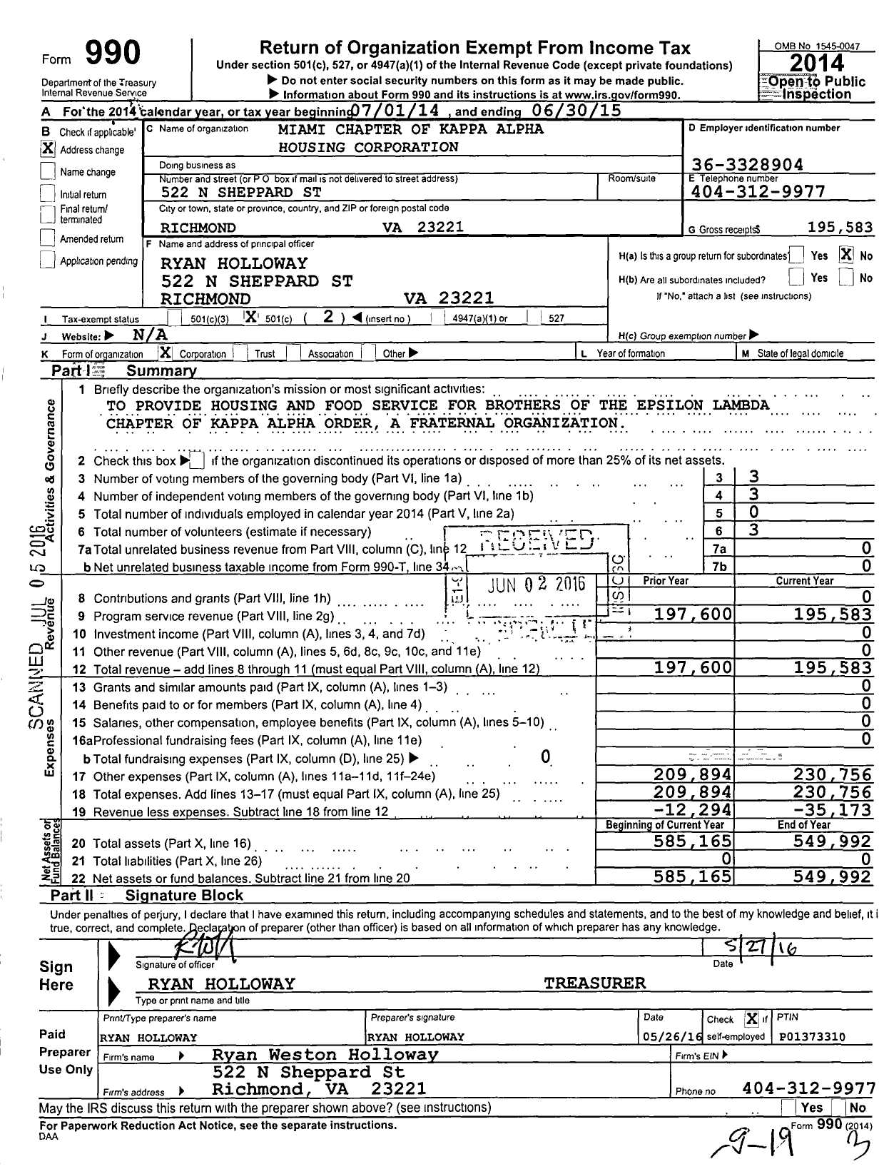 Image of first page of 2014 Form 990O for Kappa Alpha Housing Corporation