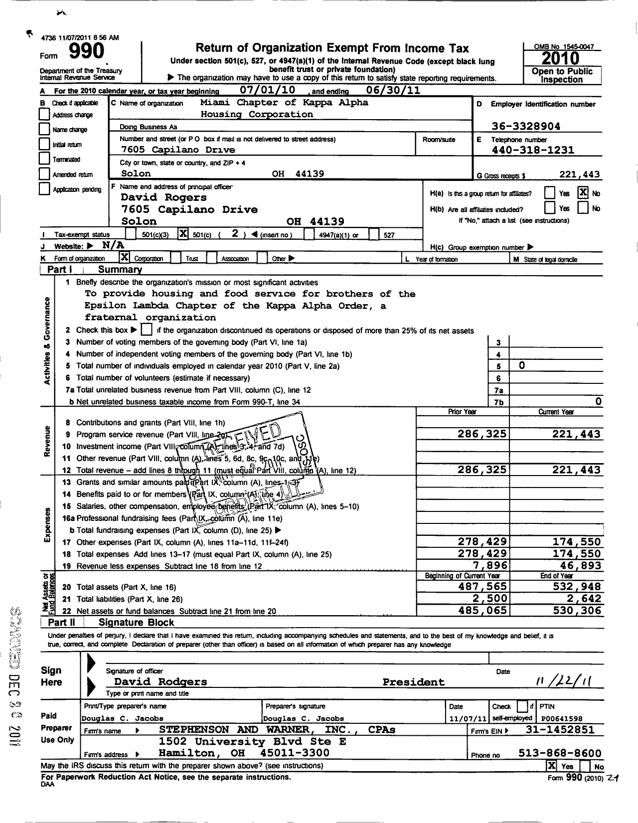 Image of first page of 2010 Form 990O for Kappa Alpha Housing Corporation