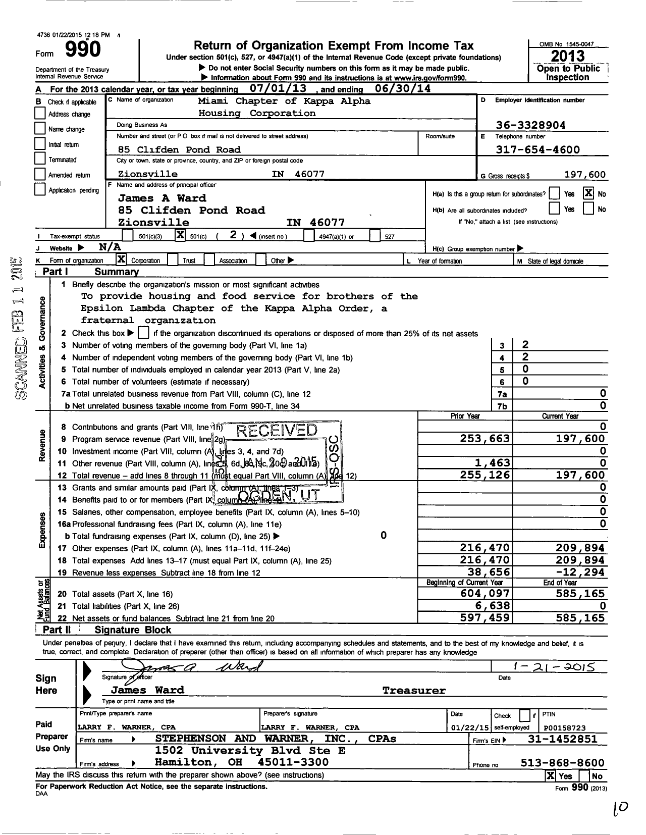 Image of first page of 2013 Form 990O for Kappa Alpha Housing Corporation