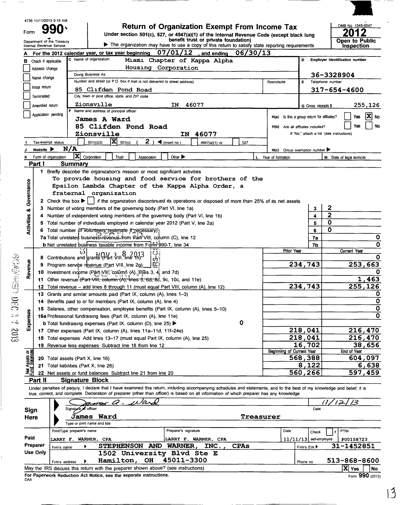 Image of first page of 2012 Form 990O for Kappa Alpha Housing Corporation