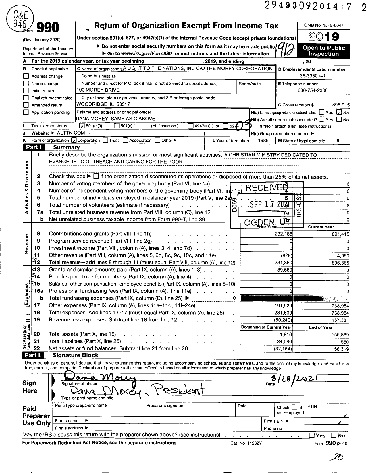 Image of first page of 2019 Form 990 for A Light To the Nations