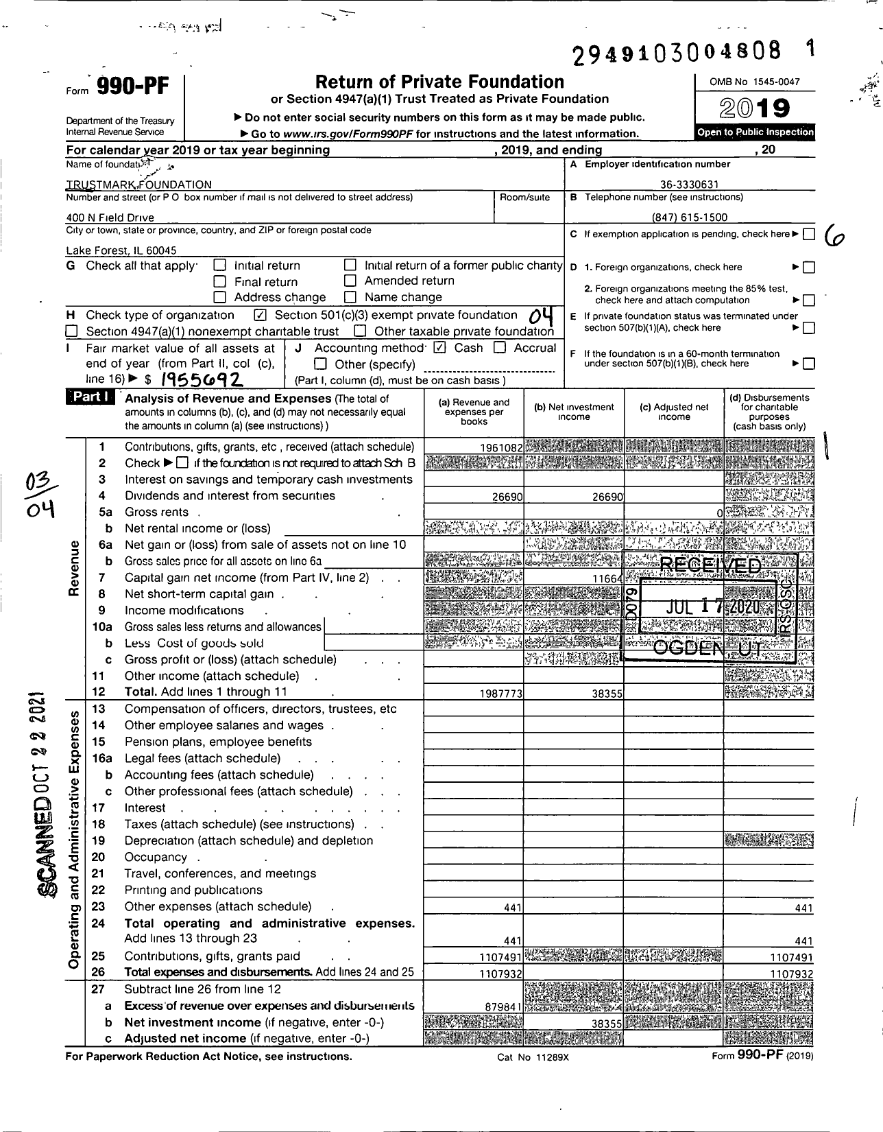 Image of first page of 2019 Form 990PF for Trustmark Foundation