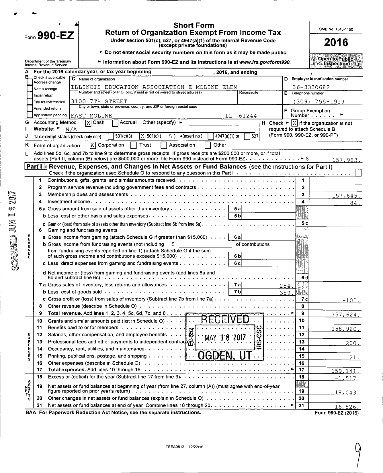 Image of first page of 2016 Form 990EO for Illinois Education Association - East Moline Ea