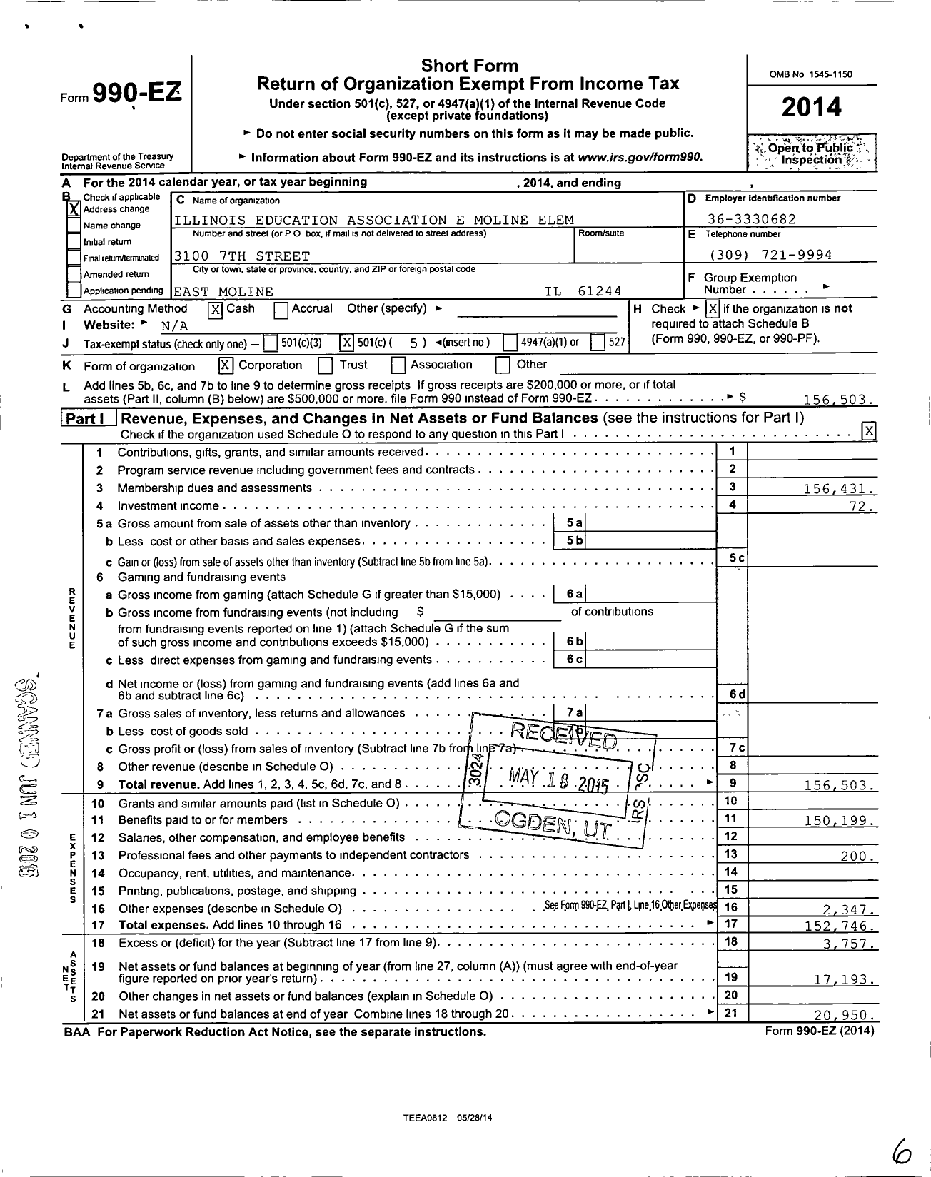 Image of first page of 2014 Form 990EO for Illinois Education Association - East Moline Ea