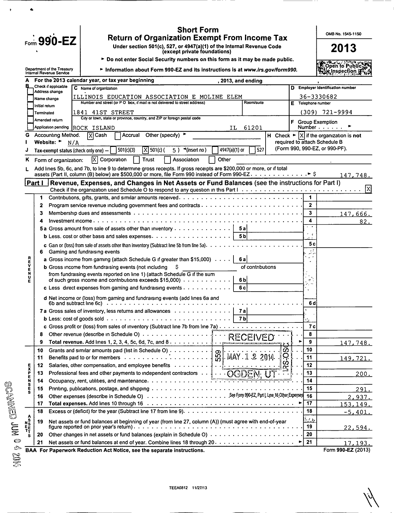 Image of first page of 2013 Form 990EO for Illinois Education Association - East Moline Ea