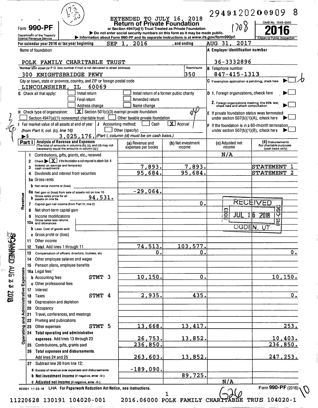 Image of first page of 2016 Form 990PF for Polk Family Charitable Fund