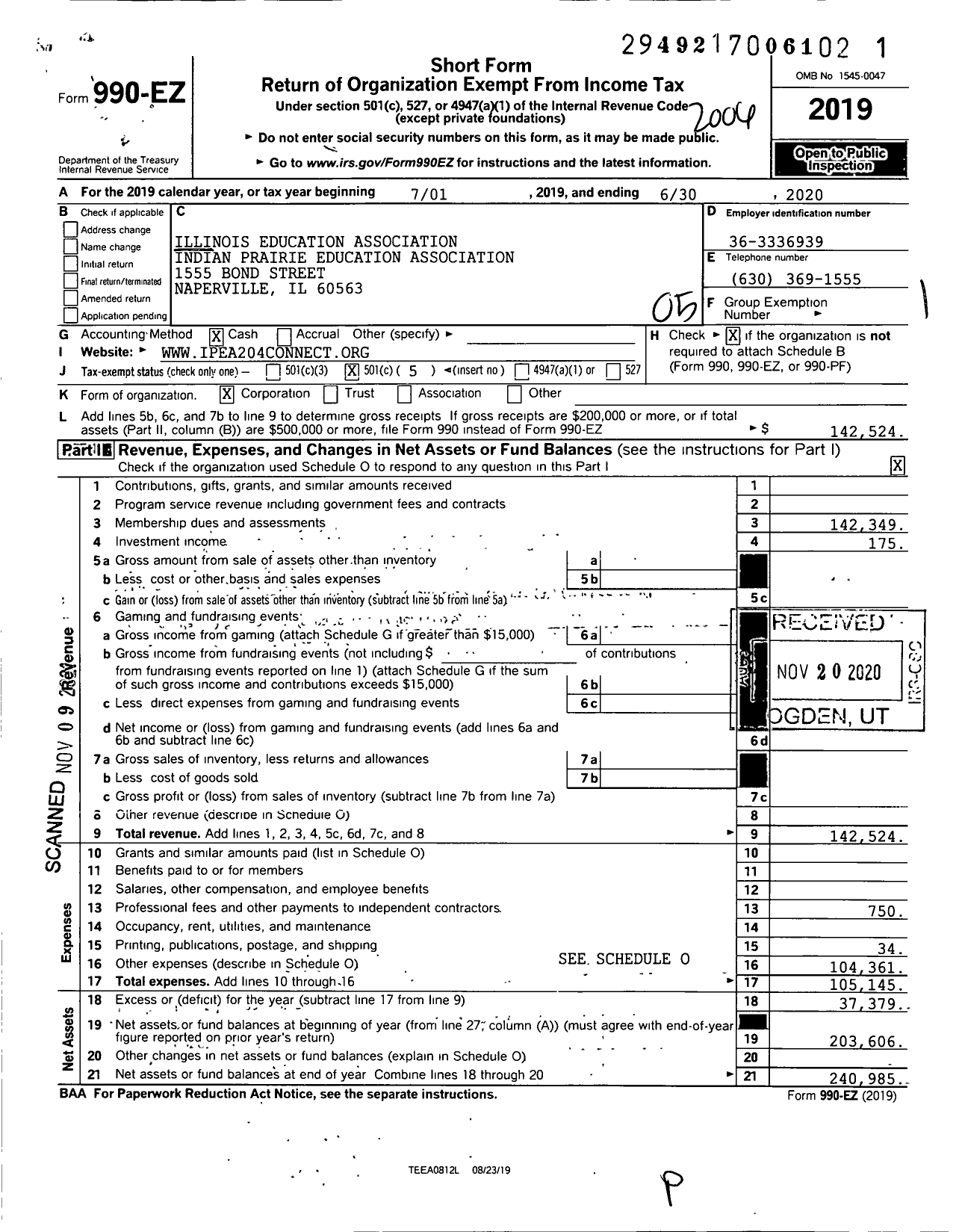 Image of first page of 2019 Form 990EO for Illinois Education Association - Indian Prairie Education Assoc