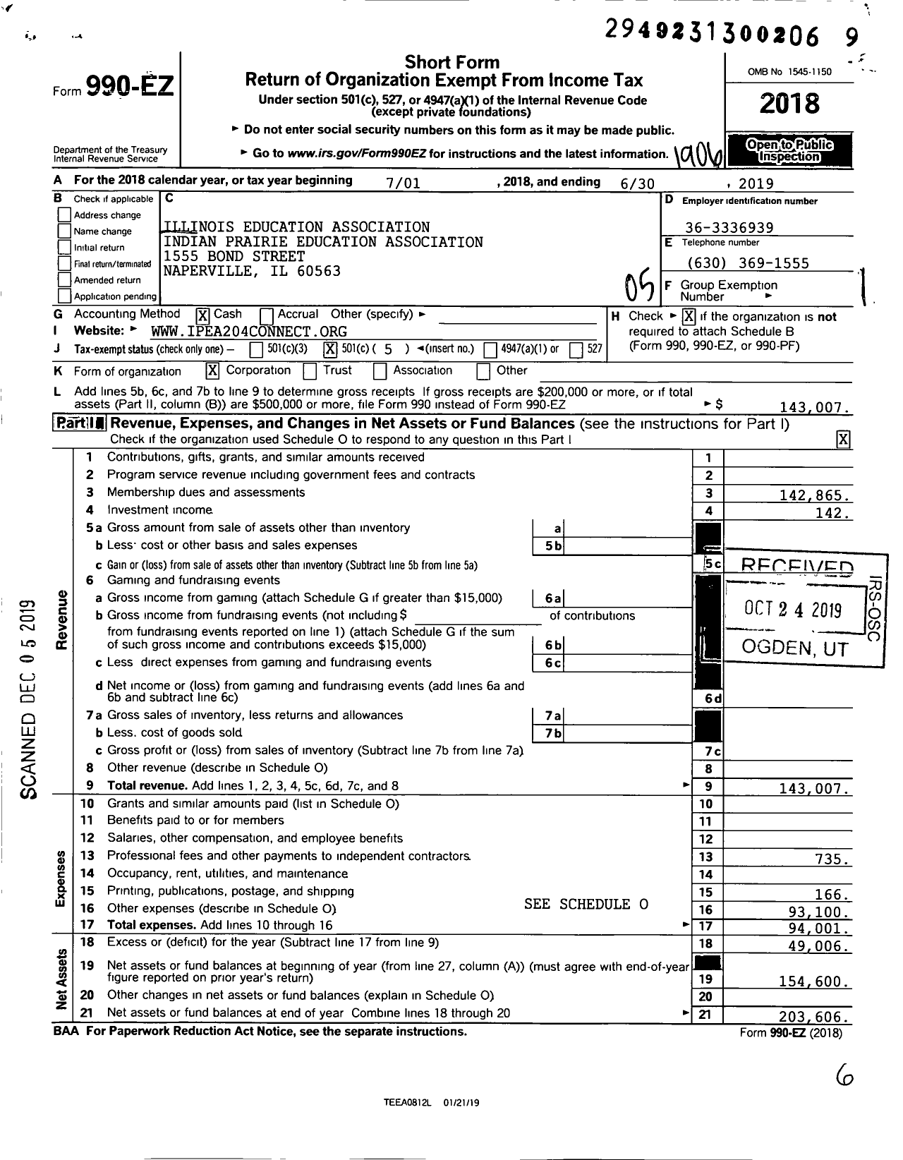 Image of first page of 2018 Form 990EO for Illinois Education Association - Indian Prairie Education Assoc