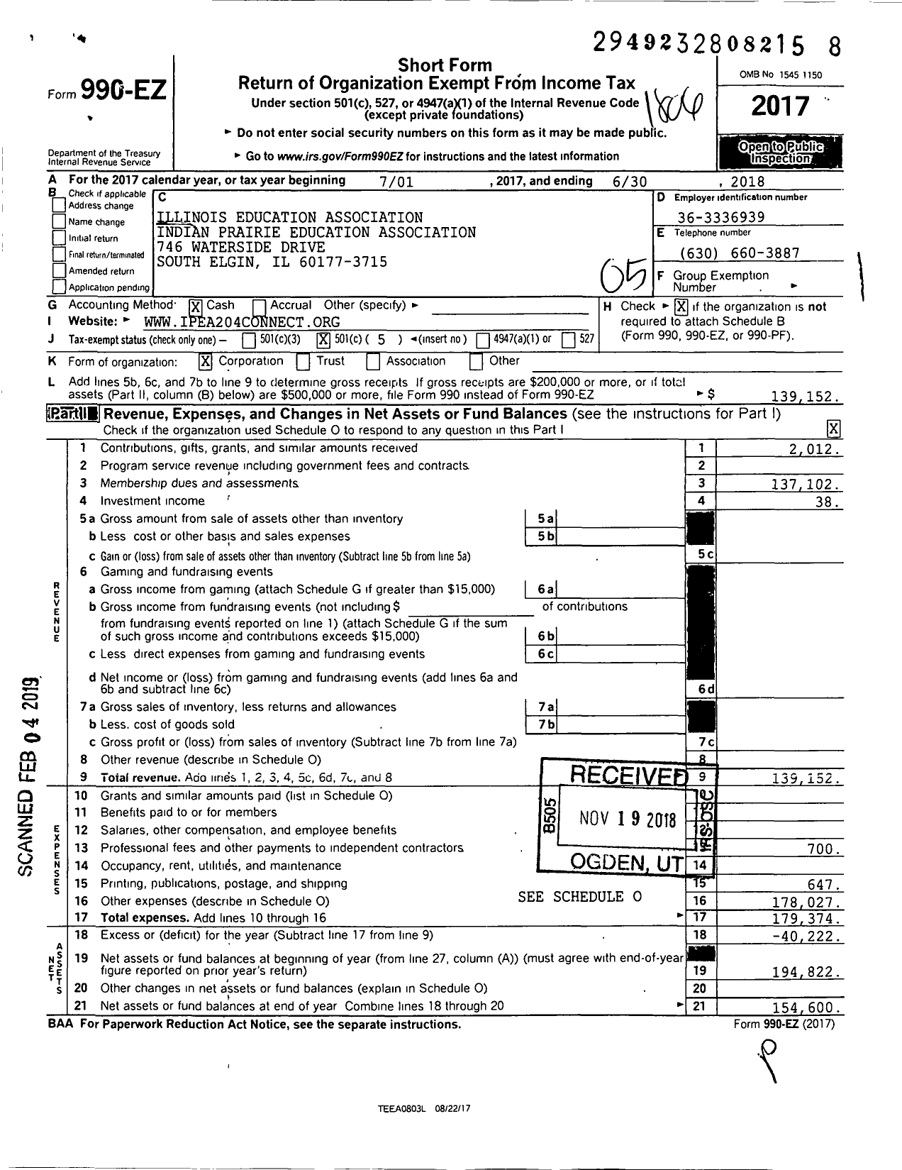 Image of first page of 2017 Form 990EO for Illinois Education Association - Indian Prairie Education Assoc