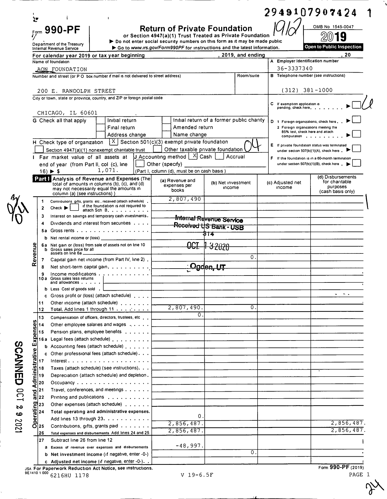 Image of first page of 2019 Form 990PF for Aon Foundation