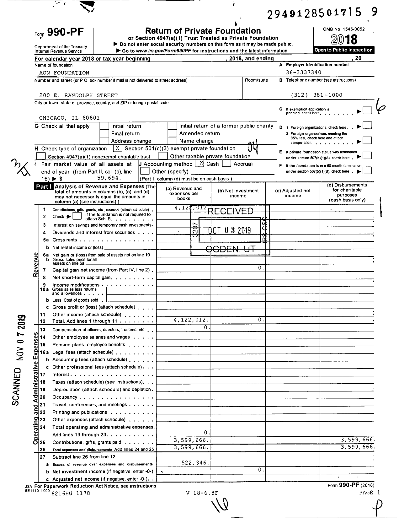 Image of first page of 2018 Form 990PF for Aon Foundation