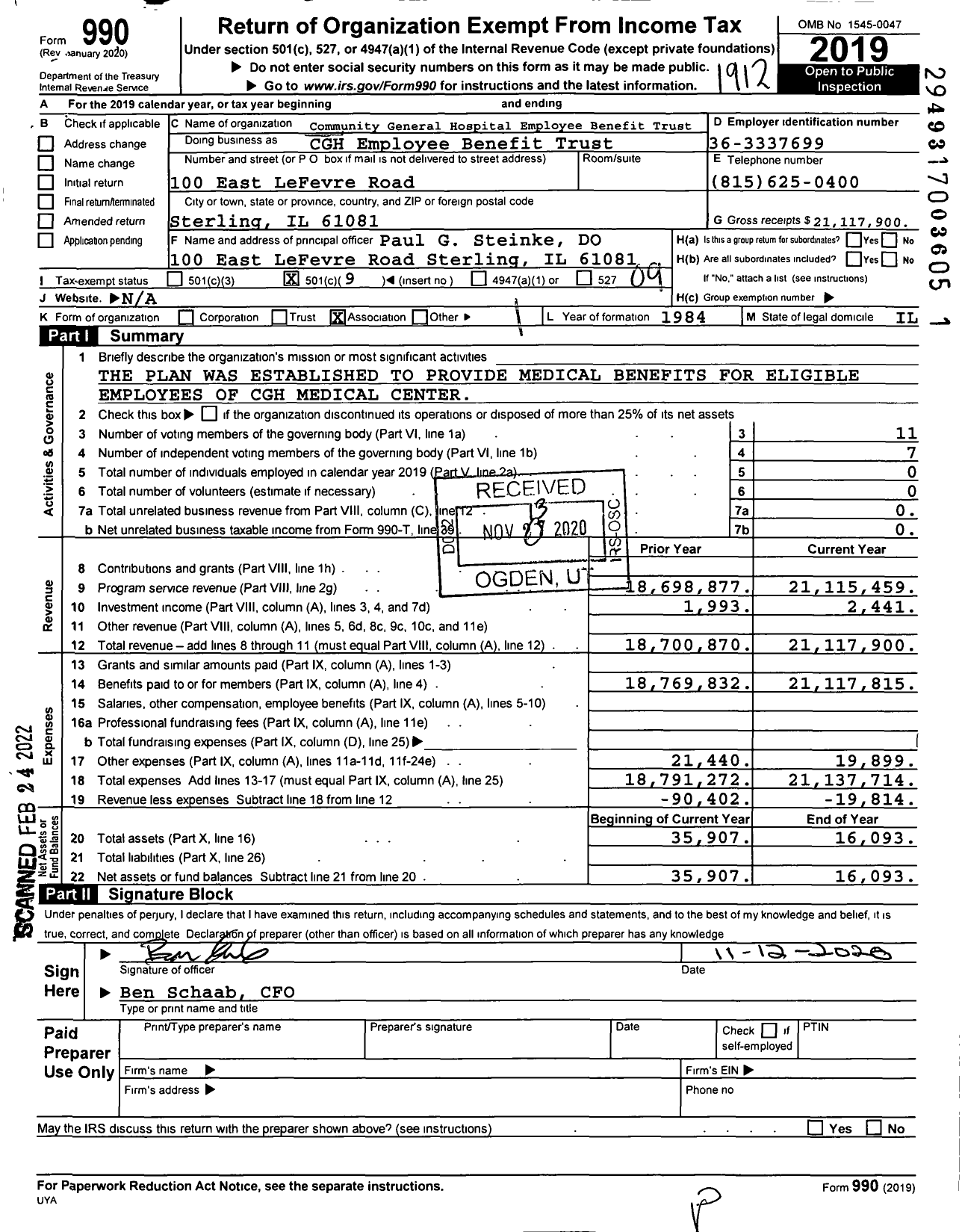 Image of first page of 2019 Form 990O for Community General Hospital Employee Benefit Trust CGH Employee Benefit Trust