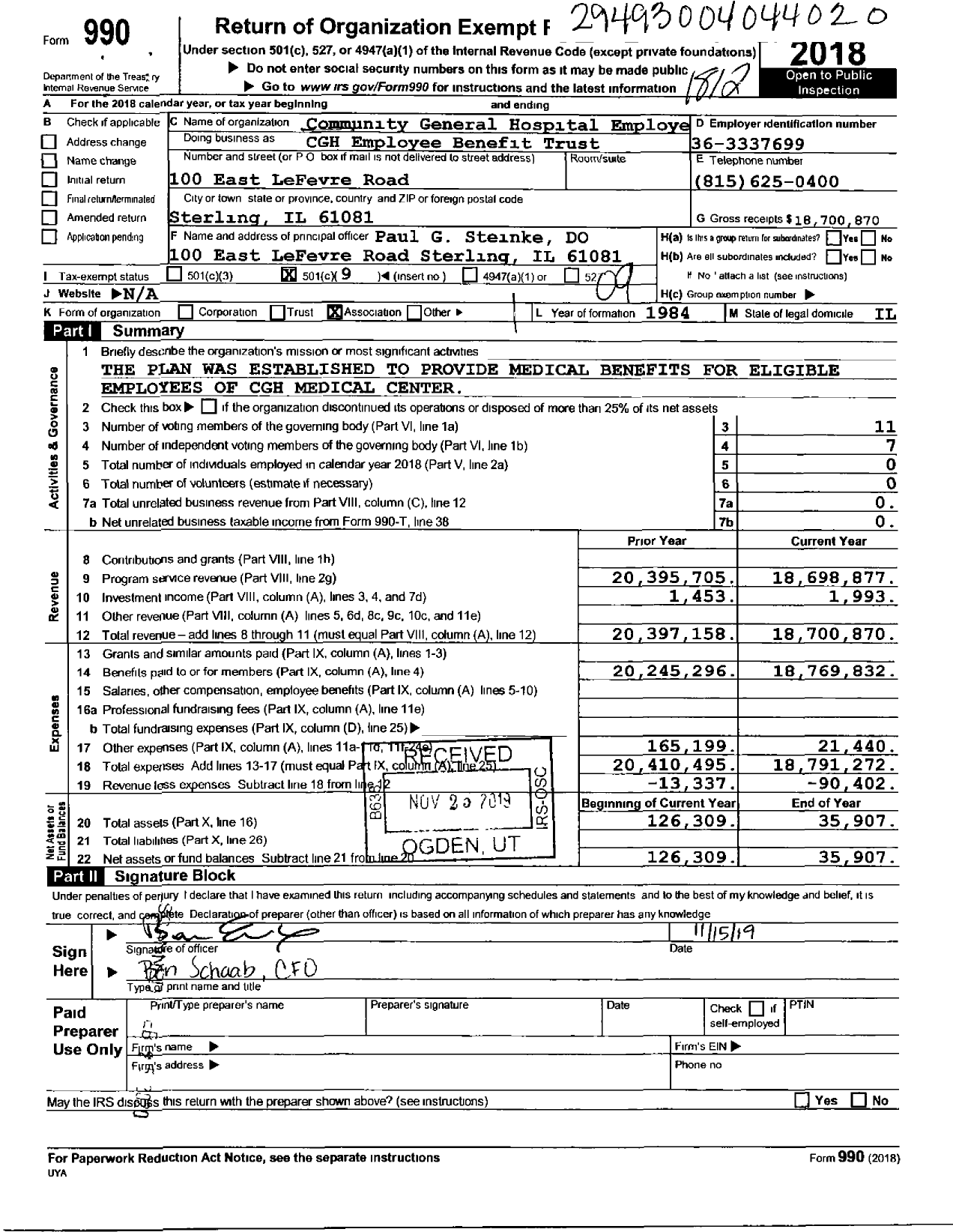Image of first page of 2018 Form 990O for Community General Hospital Employee Benefit Trust CGH Employee Benefit Trust