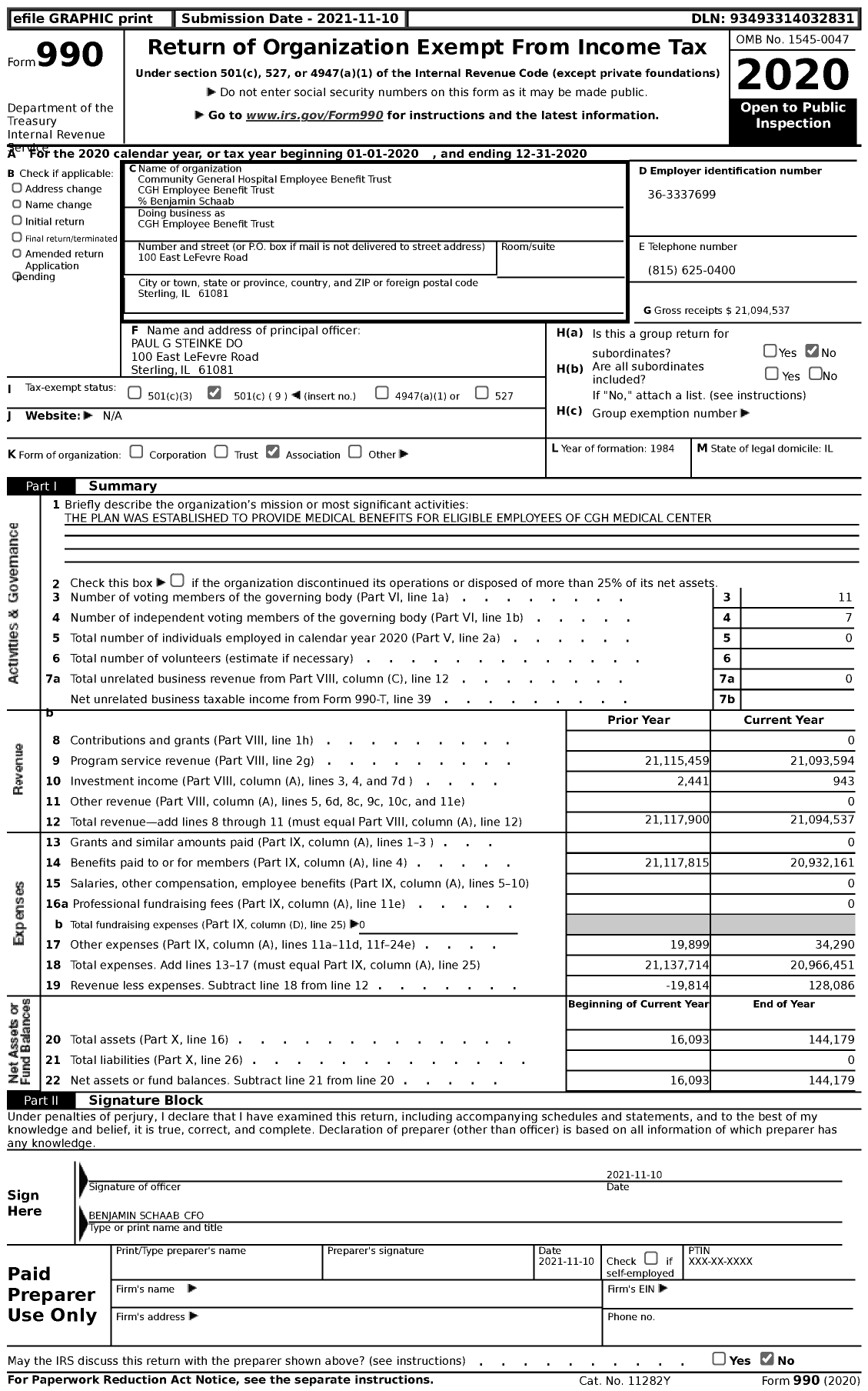Image of first page of 2020 Form 990 for Community General Hospital Employee Benefit Trust CGH Employee Benefit Trust