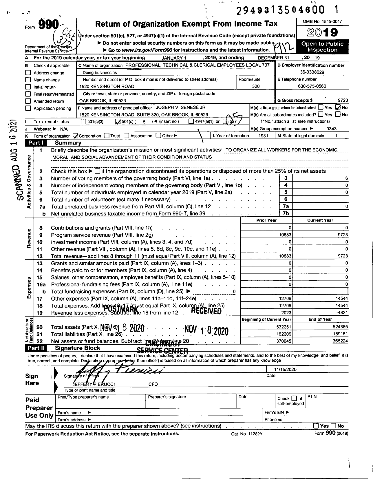 Image of first page of 2019 Form 990O for Professional Technical and Clerical Local 707 - 707