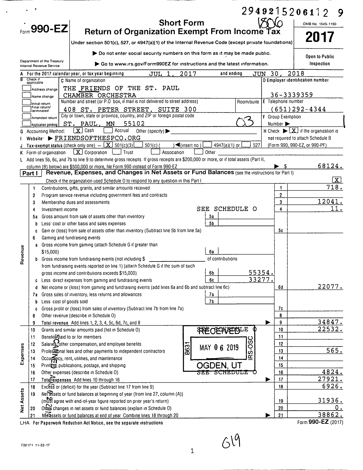 Image of first page of 2017 Form 990EZ for The Friends of the Saint Paul Chamber Orchestra