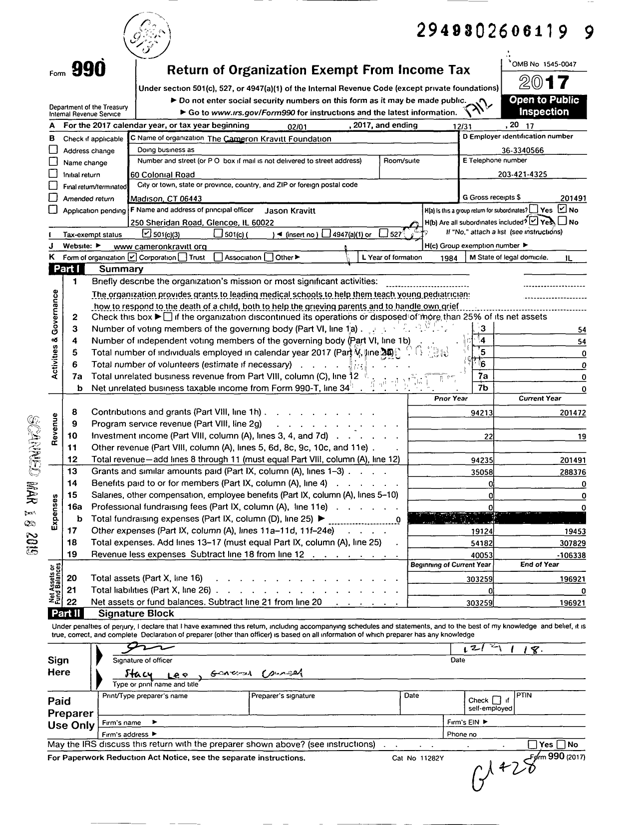 Image of first page of 2017 Form 990 for The Cameron Kravitt Foundation