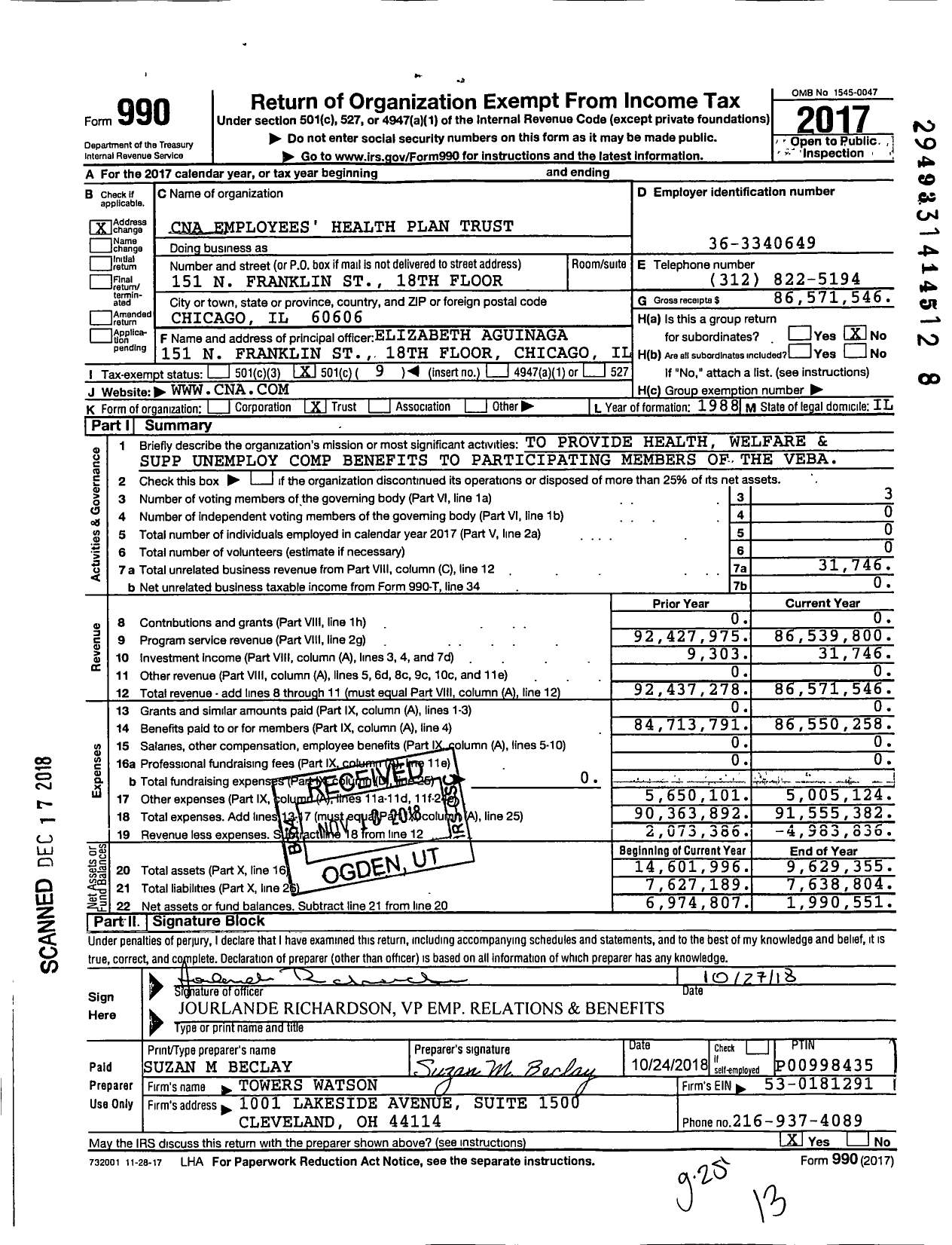 Image of first page of 2017 Form 990EO for Cna Employees' Health Plan Trust