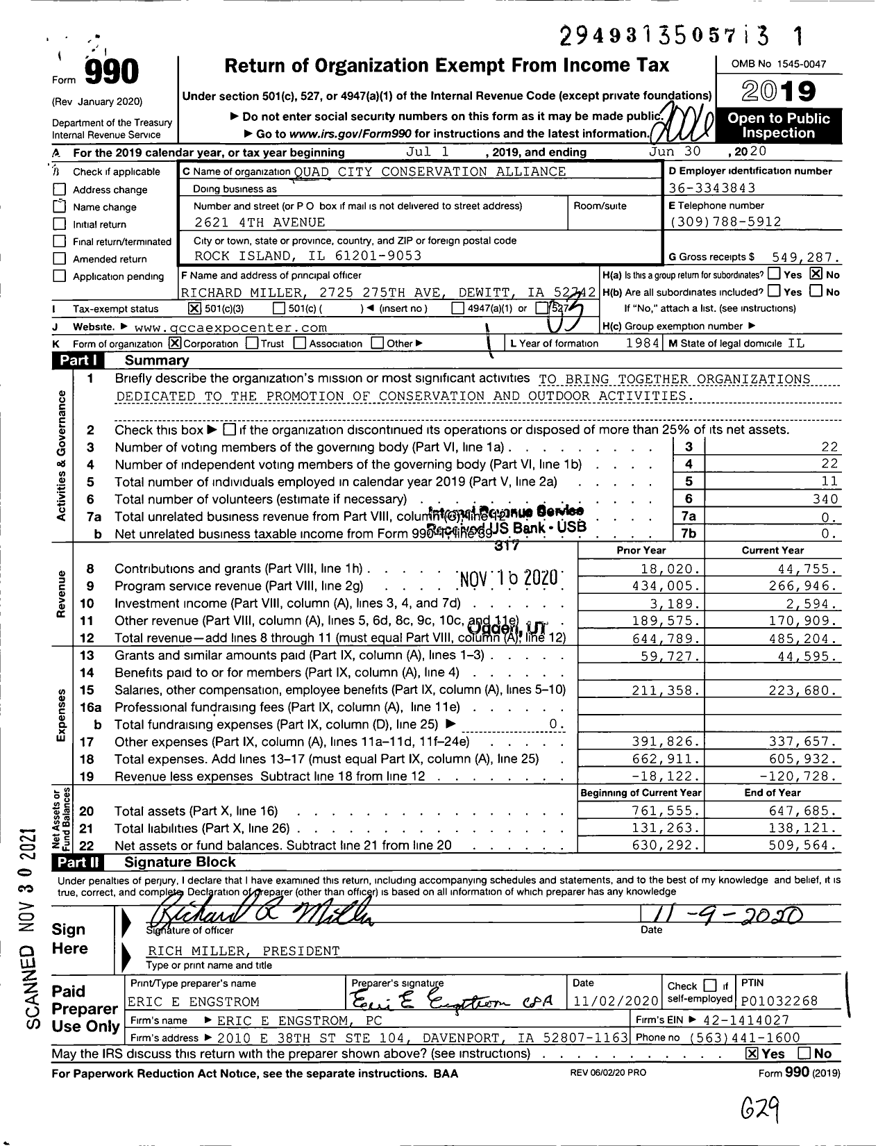 Image of first page of 2019 Form 990 for Quad City Conservation Alliance (QCCA)