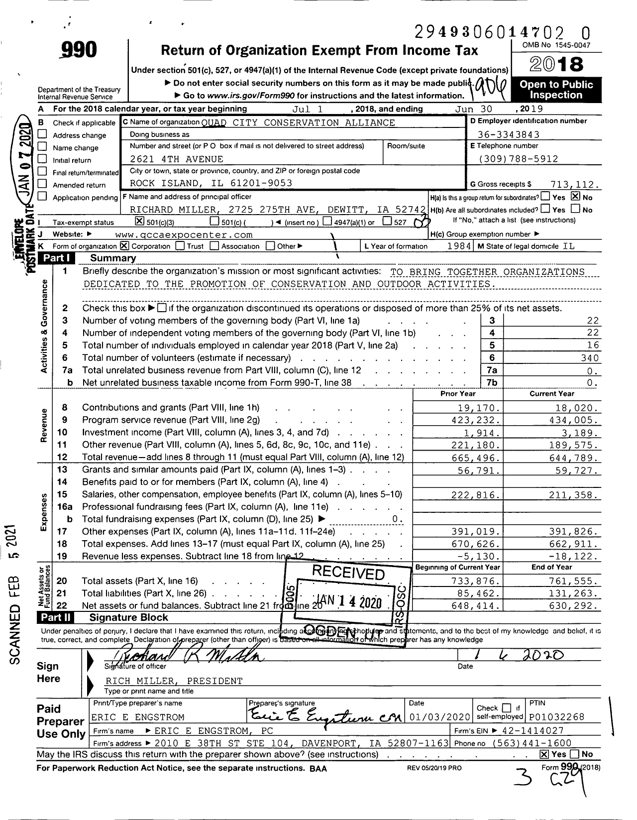 Image of first page of 2018 Form 990 for Quad City Conservation Alliance (QCCA)