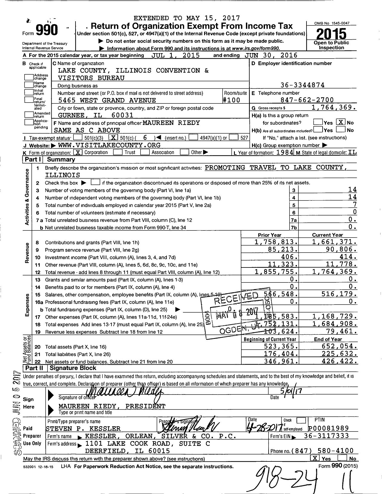 Image of first page of 2015 Form 990O for Lake County Illinois Convention and Visitors Bureau