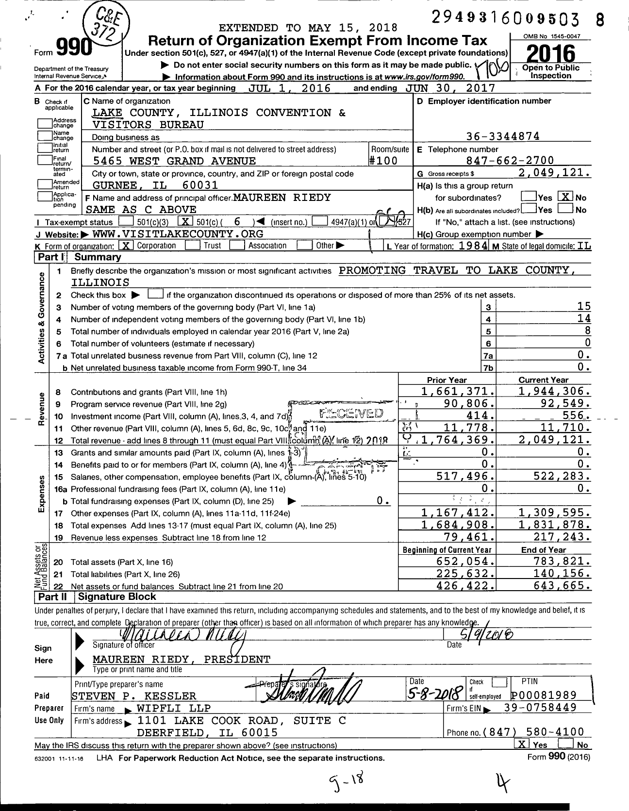 Image of first page of 2016 Form 990O for Lake County Illinois Convention and Visitors Bureau