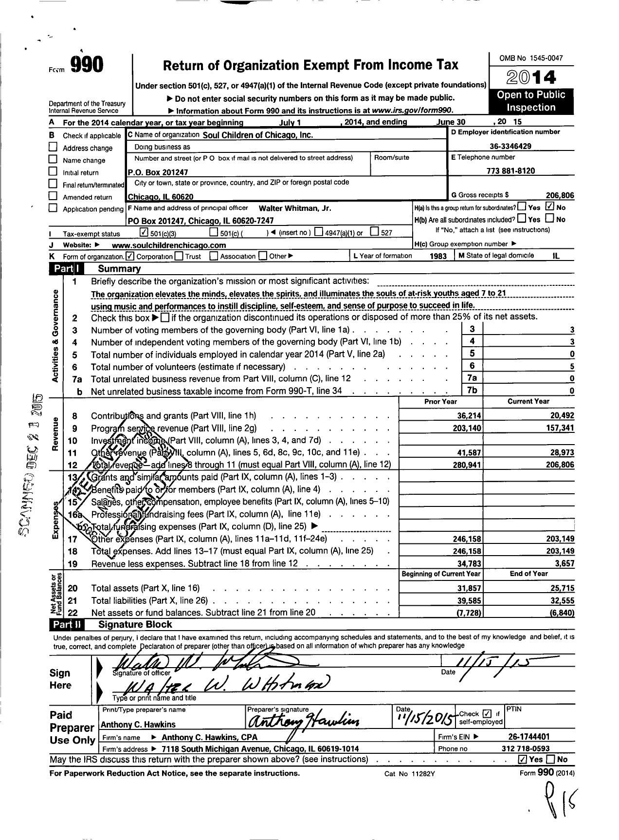 Image of first page of 2014 Form 990 for Soul Children of Chicago