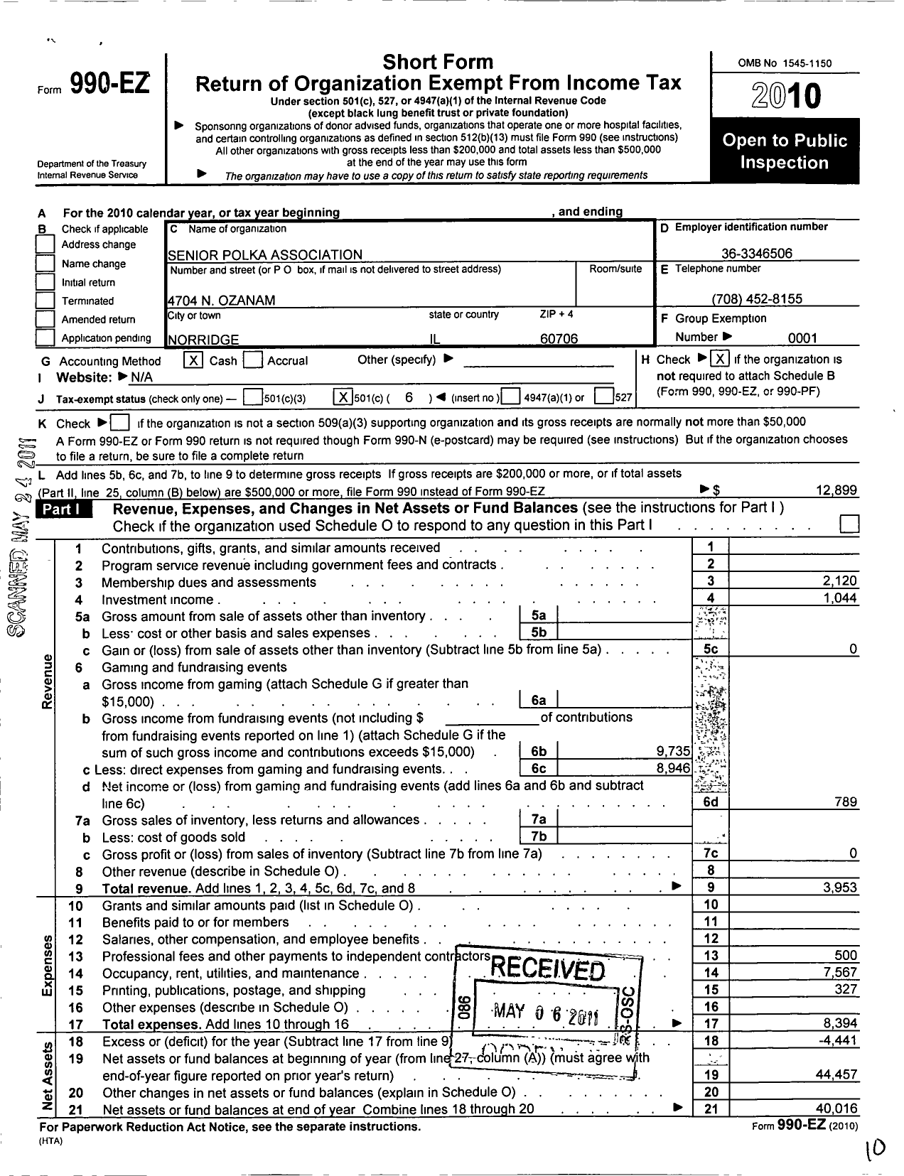 Image of first page of 2010 Form 990EO for Senior Polka Association