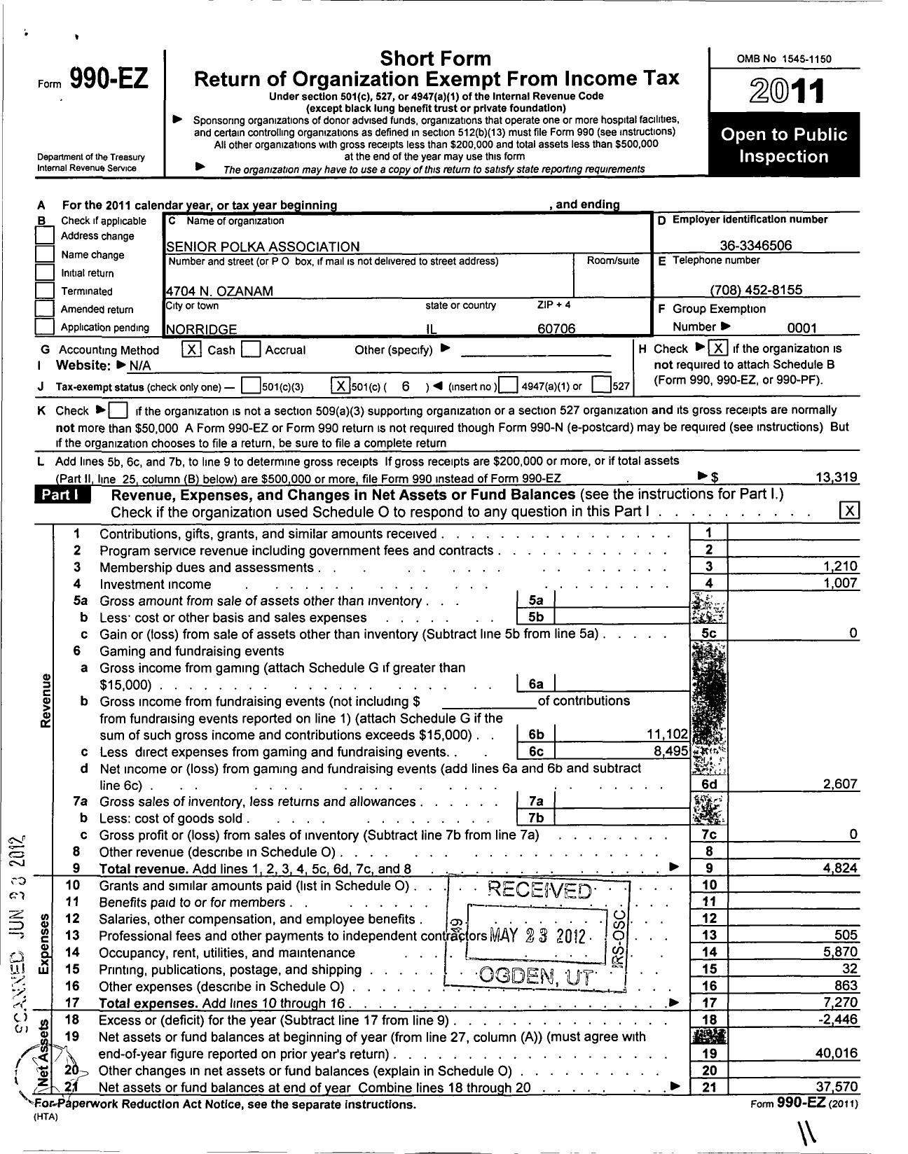 Image of first page of 2011 Form 990EO for Senior Polka Association