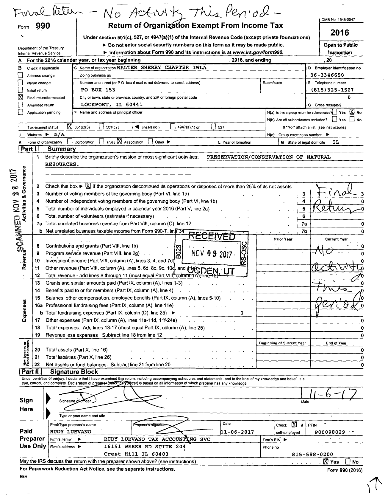 Image of first page of 2016 Form 990 for Izaak Walton League of America / Walter Sherry Chapter