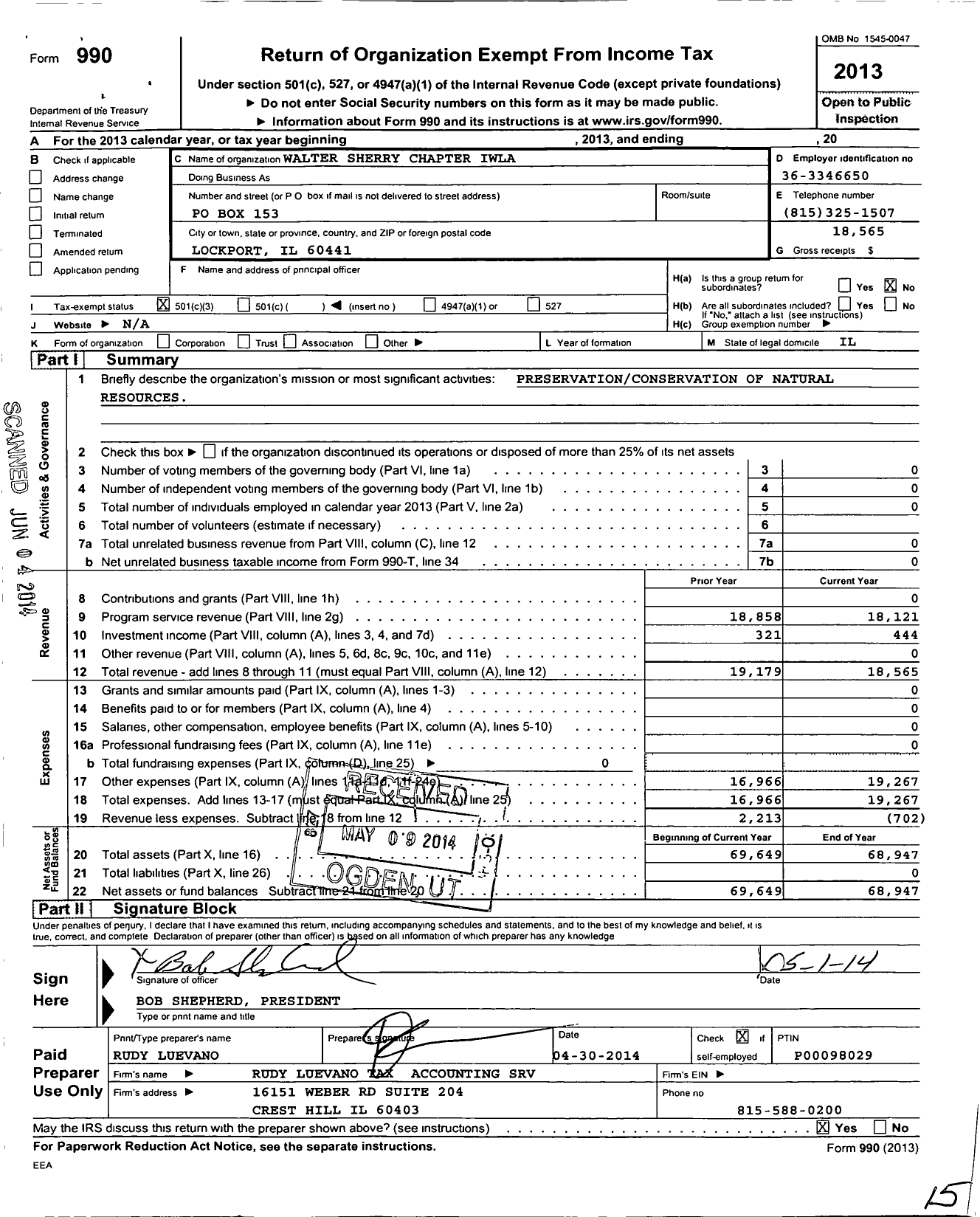 Image of first page of 2013 Form 990 for Izaak Walton League of America / Walter Sherry Chapter