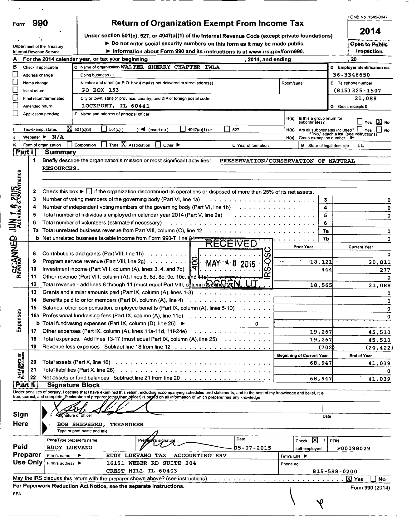 Image of first page of 2014 Form 990 for Izaak Walton League of America / Walter Sherry Chapter