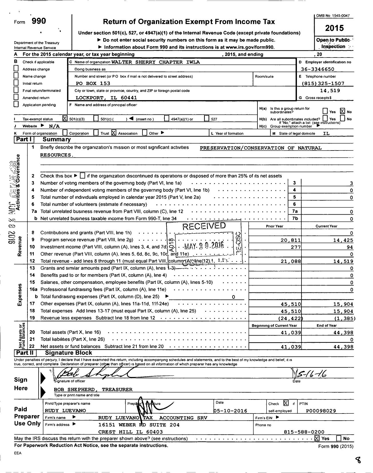 Image of first page of 2015 Form 990 for Izaak Walton League of America / Walter Sherry Chapter